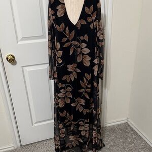 Elegant Black and Brown Leaf Print Dress